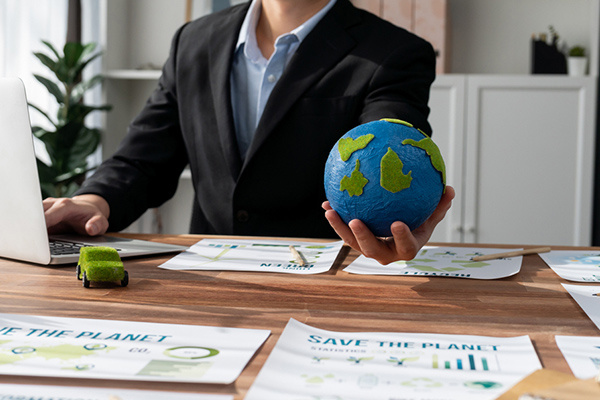 Imagen de un empresario sosteniendo una bola del mundo donde hace referencia a los objetivos de desarrollo sostenibles